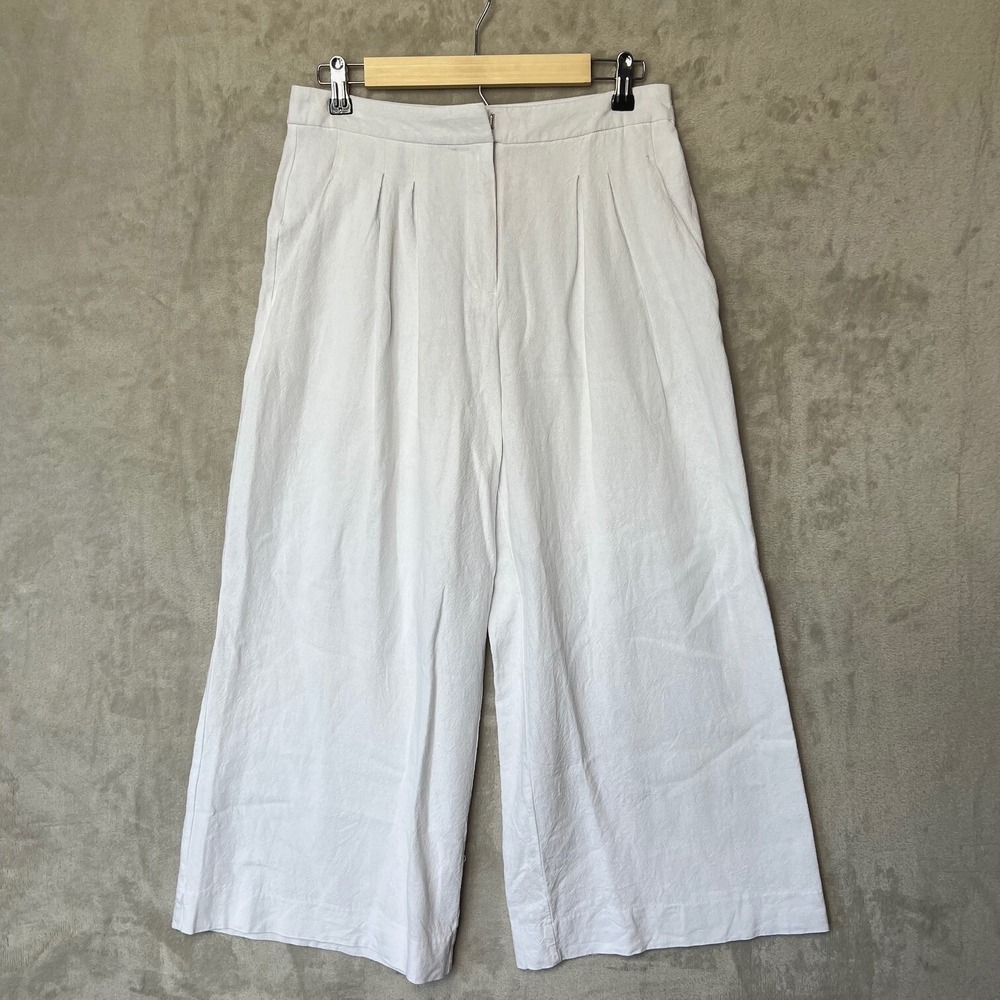 Worthington Linen Blend Pants Pleated Wide Leg Cropped White Beach Cruise Sz 4